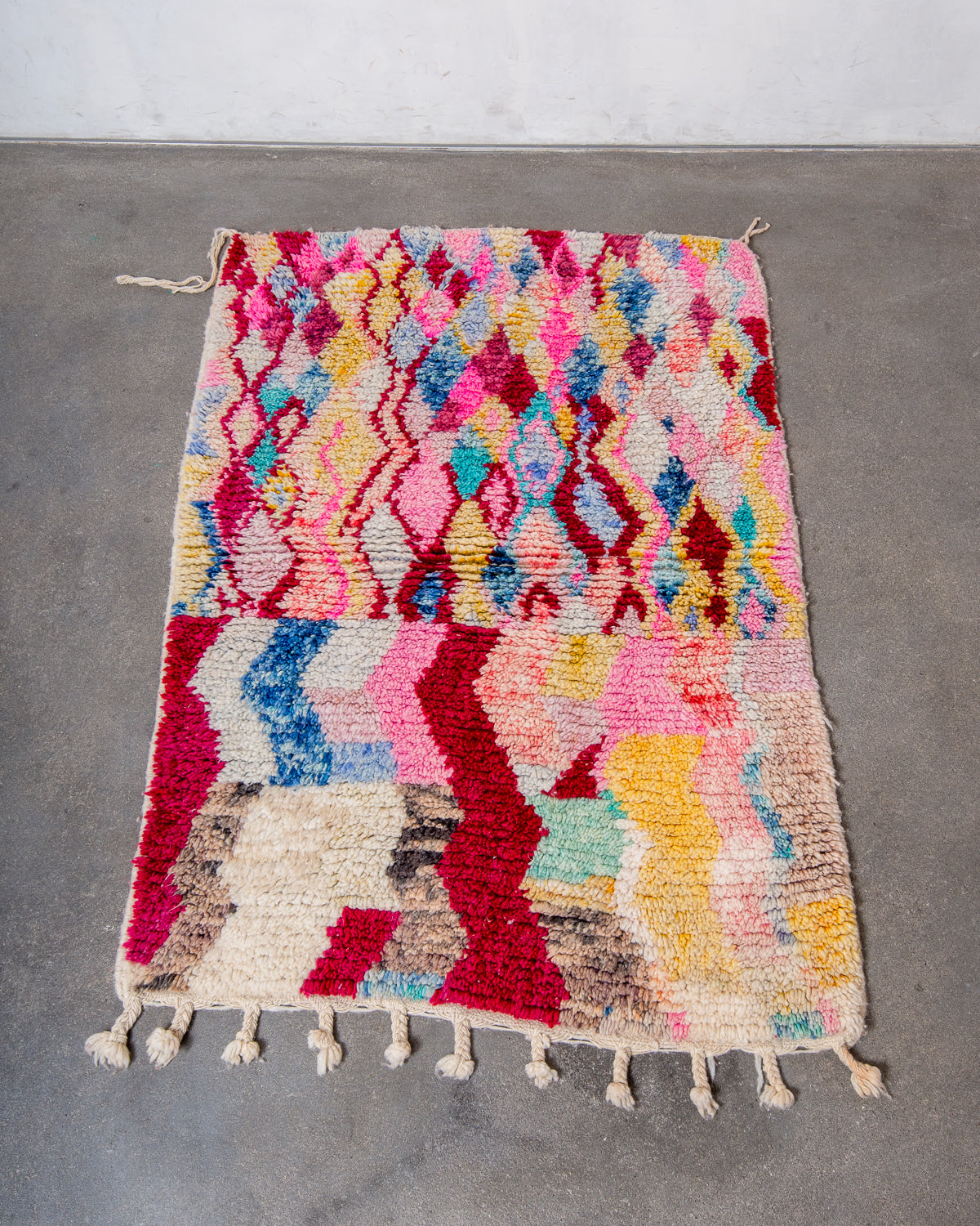 Modern, designer, handcrafted Berber rug from Morocco. Vintage carpet with beautiful colours and patterns and fluffy texture.
